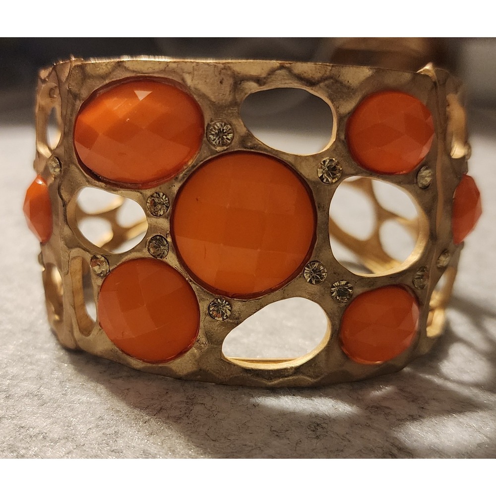 Orange Plastic Gold Tone Hammered Cuff Bracelet Rhinestone Statement Openwork